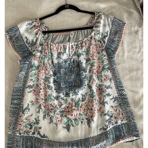 Joie White Peach Blue Green Print Silk Blouse Cap Sleeves Straight Hem Sz Large